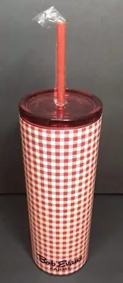 New Bob Evans Red Checkered Stainless Steel Tumbler Mug Cup Screw Top and Straw
