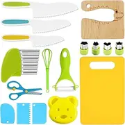 17Pcs Kids Cooking Cutter Set,Safe Reusable Plastic Toddler Kitchen Cutter Set with Wooden Cutter Serrated Cutter Chopping Block Peeler Sandwich Cutter for Cutting Fruit Vegetable