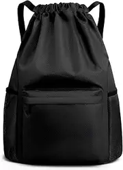 Sonicefit Waterproof Drawstring Gym Backpack, Durable Sports Sackpack with Water Bottle Holder & Side Pockets, Large Capacity Cinch Bag for Basketball Soccer Yoga Swimming Travel