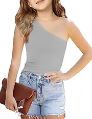 [Peacameo] Girl's One Shoulder Tank Top Cute Ribbed Sleeveless Tops Basic Cami Shirts