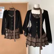 Set: Long-Sleeve V-Neck Button-Up Plain Top + High Waist Leopard Print Mini Tiered Skirt Set of 2 - Top & Skirt - Black & Coffee - L