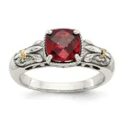 Sterling Silver with 14K Accent Antiqued Cushion Checkerboard Garnet Ring Size 6