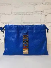 SS22 MOSCHINO Couture Jeremy Scott Blue Leather Shoulder Bag Gold Vertical Logo