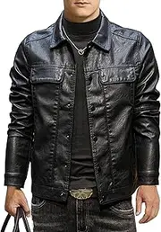 [Zylphorix] Men's Trendy Black Faux Leather Jacket Classic Button Front Biker Style Outerwear with Flap Pocket