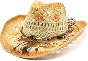 [BABESA] Straw Cowboy Hat,Out Beach Hat,Woven Sun Hat,Spring and Summer Curled Jazz Cowboy Straw Hat Men's and Women's Sunshade Top Hat European and American Hollow-Out Beach Hat (Color : Dark Coffee) (Color