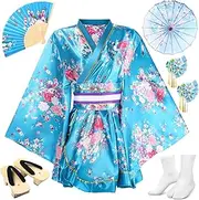 [Cuffbow] 8 Pcs Kimono Costume Yukata Blossom Bathrobe Sleepwear with Belt Wooden Clogs Parasol Hairstick Folding Fan Tabi Sock