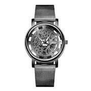 Men Engraving Hollow Quartz Wristwatch Stainless Steel Band Clock(Black)