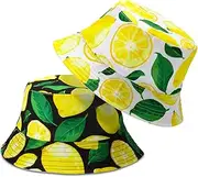 [Bennim] 2 Pieces Unisex Lemon Pattern Bucket Hats Reversible Fisherman Cap for Casual Travel Beach,Black, White ,Uncertainly, Black, White Background