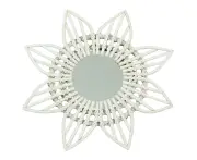 Rattan Wall Mirror White Flower Shape Rustic Vintage High Polished Glass Decorative Mirror for Entryway Bedroom Bathroom