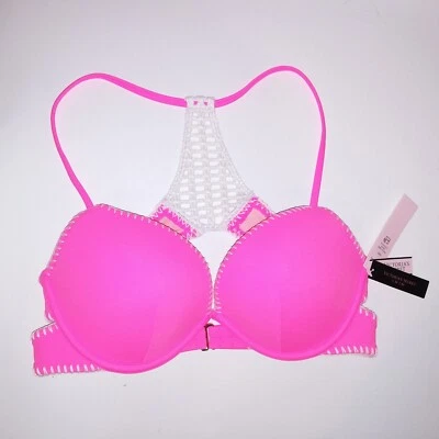 Victoria Secret Swim Bikini Top 32D Push Up Neon Pink Stitch Trim Macrame New