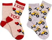[Everything Legwear] Kids Valentine's Day 2 Pair Pack Crew Socks - I Dig You Heart Truck - Fits Shoe Size 9-3 (2 Pair), I Dig You, One Size