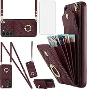 [Asuwish] Phone Case for Samsung Galaxy S23 5G Wallet Cover with Tempered Glass Screen Protector and Wrist Strap Ring RFID Blocking Card Holder TPU Cell S 23 23S GS23 G5 SM-S911U 6.1 inch Women Wine Red