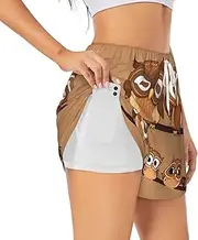 [WURTON] Cute Big Brown Cartoon Owls Print Exercise Gym Workout Shorts Women's Athletic Shorts Dual-Layered Yoga Running Shorts