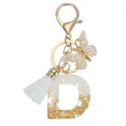 Alphabet D Tassel Butterfly Initial Letter Keychain (Gold Tone/White, Pack of 1)