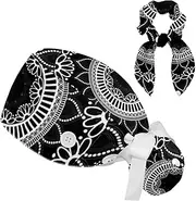 [FVQL] 2 Pcs Nurse Hats with Hair Scrunchies, Ponytail Scrub Caps Women, Vintage Pattern Ethnic Floral Mandala