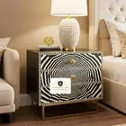 Bone Inlay Nightstand Table, Bedside Table 3 Drawer Black Illusion Pattern Furni