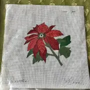Poinsettia Hand Painted Needlepoint Canvas Christmas Red Flower 24 ct Signed Vtg