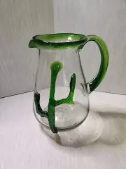 HAND-BLOWN Mexican Green Cactus Art Glass Large Margarita Juice Pitcher