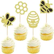Ercadio 24 PCS Bumble Bee Cupcake Toppers Glitter Bee Gender Reveal Honeycomb Cupcake Picks Baby Shower Birthday Party Cake Decor Supplies