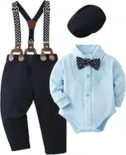 [YUEMION] Baby Boy Clothes Set Infant Tuxedo Long Sleeve Gentleman Suit Outfits +Beret Hat +Suspender Pants+Bowtie 0-24 Months
