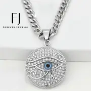 Men Stainless Steel Silver CZ Egyptian Eye of Ra Pendant,24" Cuban Chain*Box