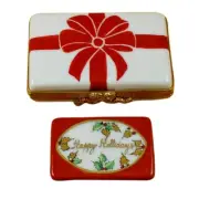 Rochard Limoges Gift Bow with Red Bow Happy Holidays Porcelain Trinket Box