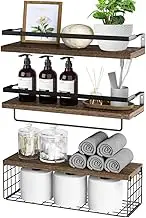 DEL SOL Bathroom Shelves, 3pcs Set Floating Shelves with Storage Basket, Over Toilet Paper Holder Storage Shelves, Wall Mounted Rustic Wood Shelves for Bathroom, Bedroom, Living Room