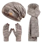 Beanie Hat Scarf Touchscreen Gloves Set for Men and Women, Fleece Lined Coffee