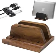 Vertical Laptop Stand Wood, Wooden Adjustable Laptop Holder, Walnut, 2 Slot, Double, Upright Laptop Holder for Desk, MacBook Stand, Laptop Dock, Desktop Organizer, Fits MacBook, Other Laptops, Phone