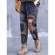 Women's Jeans Harem Pants Vintage Streetwear Mid Waist Embroidered Pocket Drawstring Micro-elastic Street Casual Blue Fall Winter Regular Fit