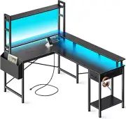 Desk Gaming Desk LED Lights & Power Outlets Computer Desk with Storage Shelves