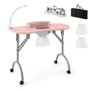 Costway Modern Manicure Nail Desk Portable&Folding Nail Care Table w/ Dust Collectorm LED Lamp Pink