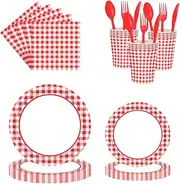 140 Pcs Red and White Gingham Checkered Plaid Party Tableware, Picnic Barbecue Disposable Paper Plates Napkins Forks Birthday Party Decorations Supplies Favors, Serves 20 Guests