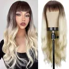 Ombre Blonde Wig with Bangs Soft Long Wavy Wigs for Women Curly Synthetic Wig...