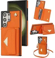 Wallet Case for Samsung Galaxy S23 FE, Matte Leather Wallet Phone Case Detachable Shoulder Strap Buckle Design Cover - Orange