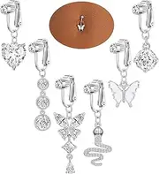 [Wrlcorly] 6Pcs Fake Belly Ring Dangle Clip on Belly Button Rings Butterfly Heart Round CZ Opal Star Snake Devil Faux Navel Ring Non Piercing Jewelry Set for Women Silver Tone