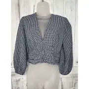 NEW ZARA BLUE GINGHAM SEERSUCKER CHECK DEEP V-NECK BUTTON SMOCKED CROP TOP XS
