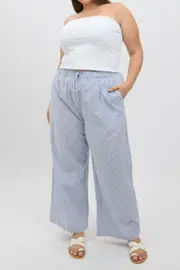 Blue Stripe Stripe Elastic Waist Wide Leg Pants