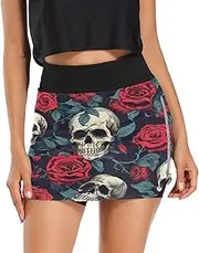 [RPLIFE] Skulls Red Roses Women Golf Skirt, Running Skirts for Women with Shorts, Work Out Skort