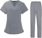 [Stxdynjy] Nursing Scrub Set for Women with Top and Pants, Solid Color, Gray L