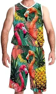 [KQNZT] Basketball Jersey for Men, Outfit Tank Top Track Shorts, Hip hop Clothing for Party, Pink Flamingo Palm Leaf Pineapple