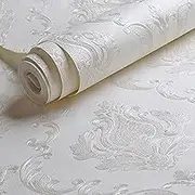 Aminah Deco Decorative Floral Wallpaper Non-Woven Cream White Damask Textured Wall Paper Home Decoration,20.8 in X 393.00 in…