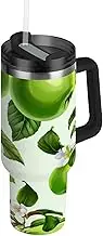 RPLIFE Tumbler with Handle and Straw 30 Oz, Insulated Stainless Steel Coffee Tumbler for Men Women Travel, Green Apples White Flowers