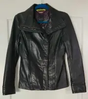 NWT TED BAKER 100% Leather Asymmetric Zip Black Jacket lining floral lining Sz 2