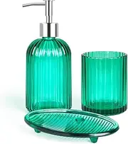 3 Pcs Glass Bathroom Accessories Sets, Soap Dispenser and Toothbrush Holder, Bathroom Accessories Set with Tray, Bathroom Decor, Green
