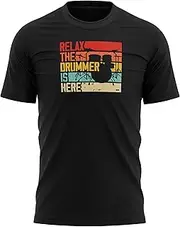 [Purple Print House] Vintage Drumset Mens T Shirt Relax The Drummer is Here Retro Music Tee Top