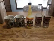 3 Stooges 2 Mugs, Hair Tonic and 2 empty Root Beer Bottles