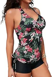[Teddy and Lily] Women's Floral Print Tankini Set Halter Top Boy Shorts Black Red White Medium, Multi, Medium