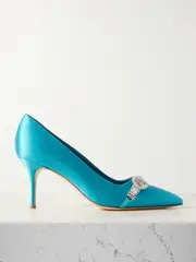[Manolo Blahnik] Manolo Blahnik - Asapump 70 Crystal-embellished Satin Point-toe Pumps - Turquoise - IT40 IT 40 Blue