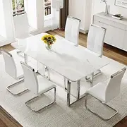 Dining Table Set for 6,White Gloss Kitchen Table and Chairs,67" Marble Decals Kitchen Table Set 6 with PU Leather Dining Chairs,1.57" Thick MDF Wood Board Top with Chrome Plate Sliver Metal Base